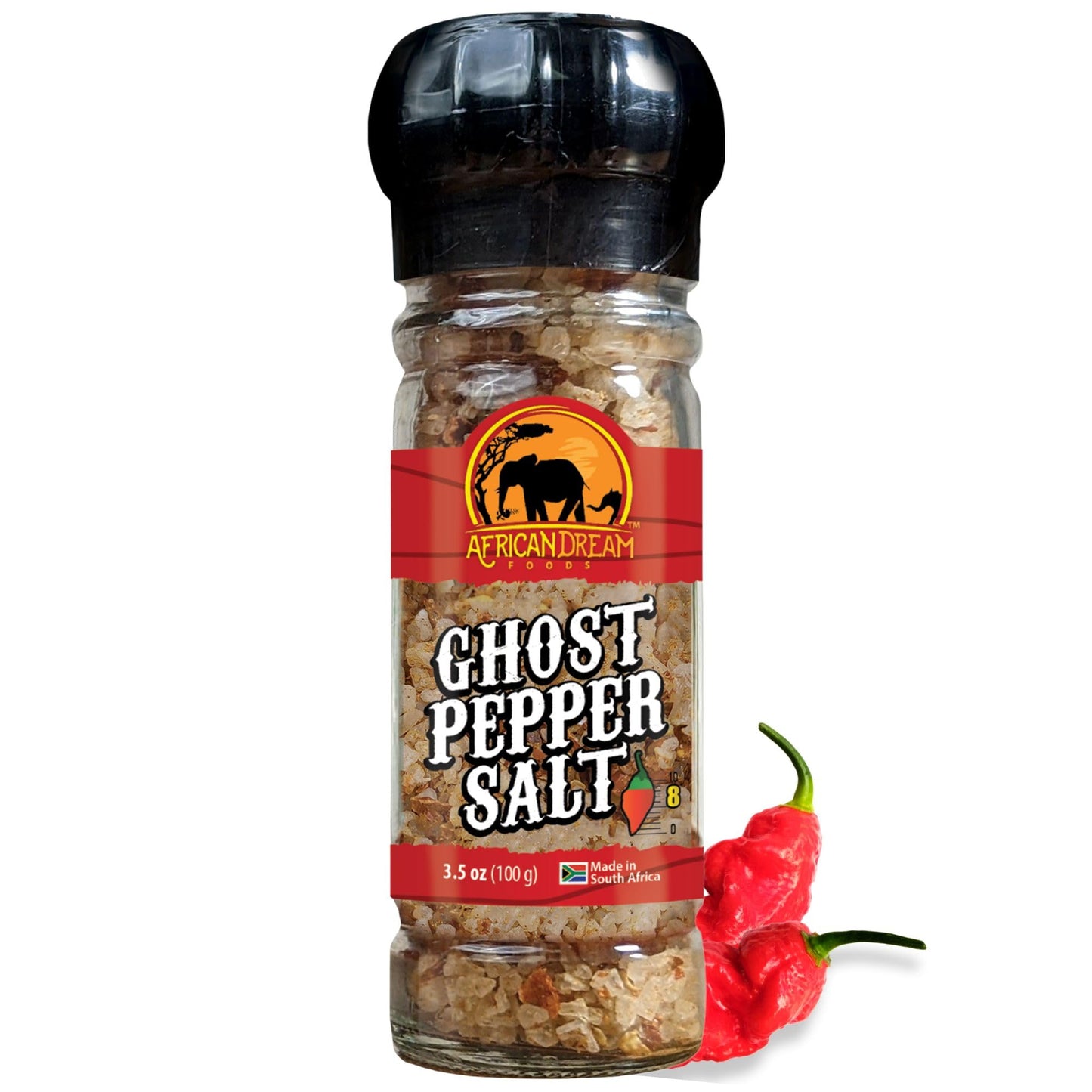 African Dream Foods Ghost Pepper Salt Seasoning | Spicy Chili Salt | 3.5 oz Reusable Grinder
