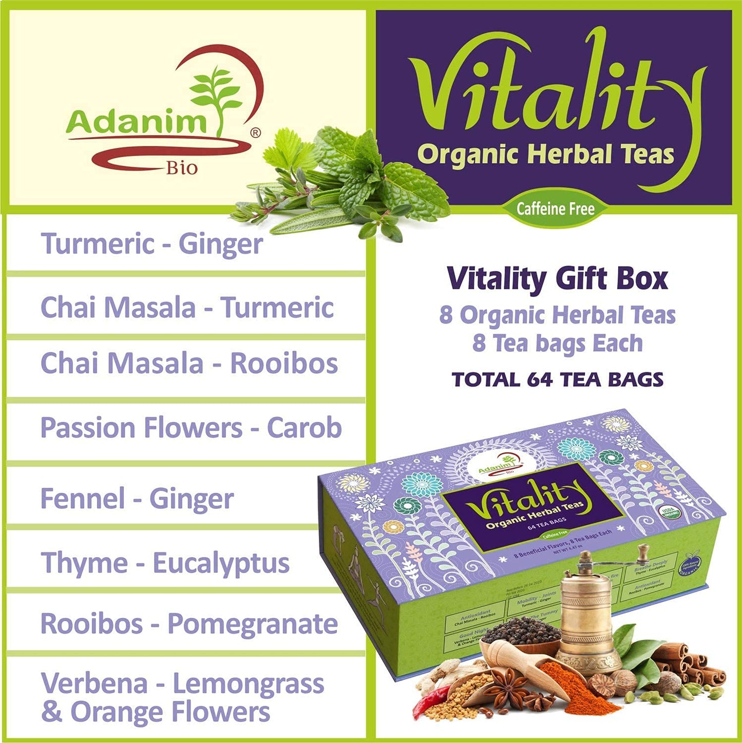 ADANIM BIO Organic Tea Sampler Gift Set - 8 Herbal Flavors, Caffeine Free, 64 Individual Tea Bags, Assorted Tea Set