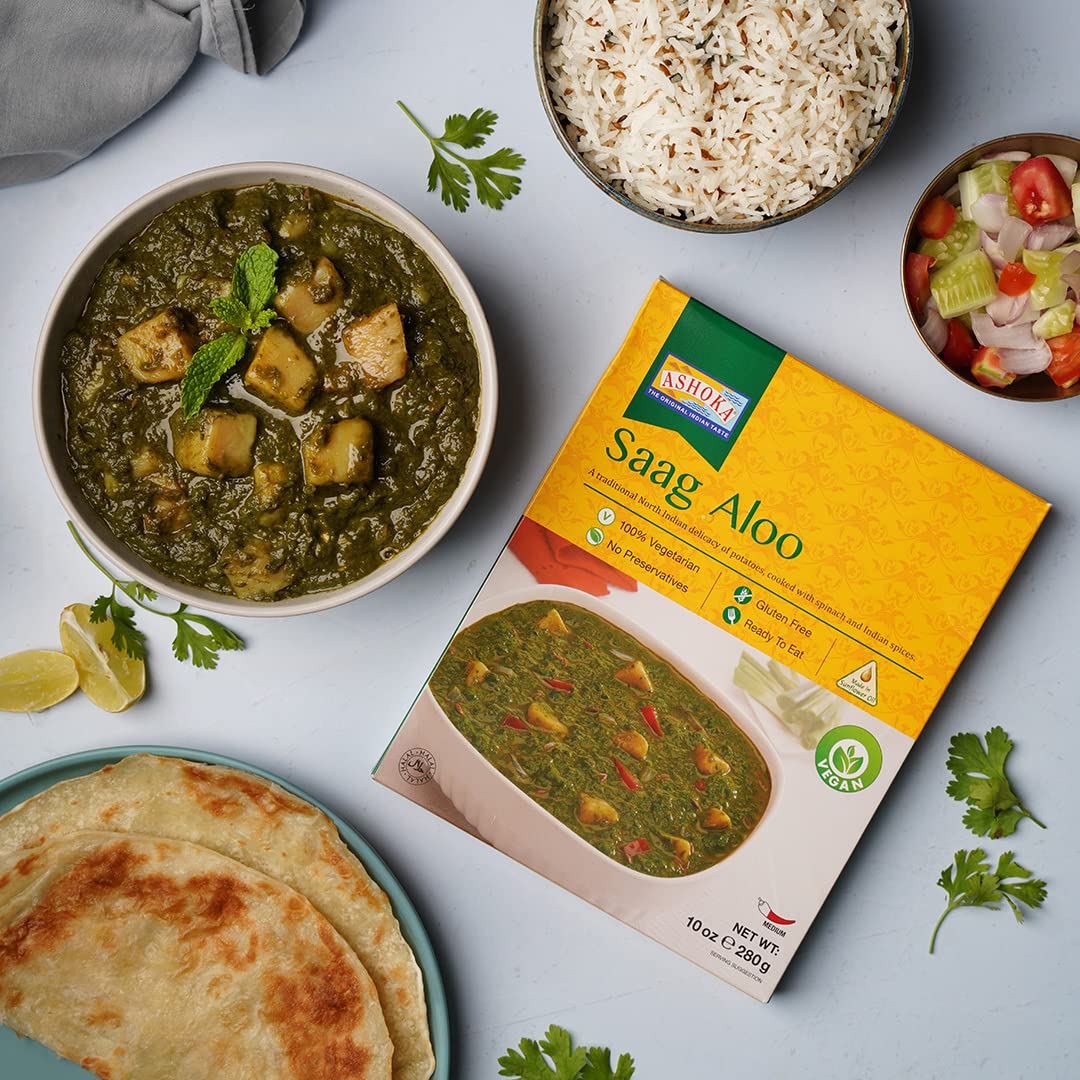 ASHOKA Vegan Spinach & Potato Saag Aloo, Gluten-Free, Heat & Serve, 10 Ounce (Pack of 5)