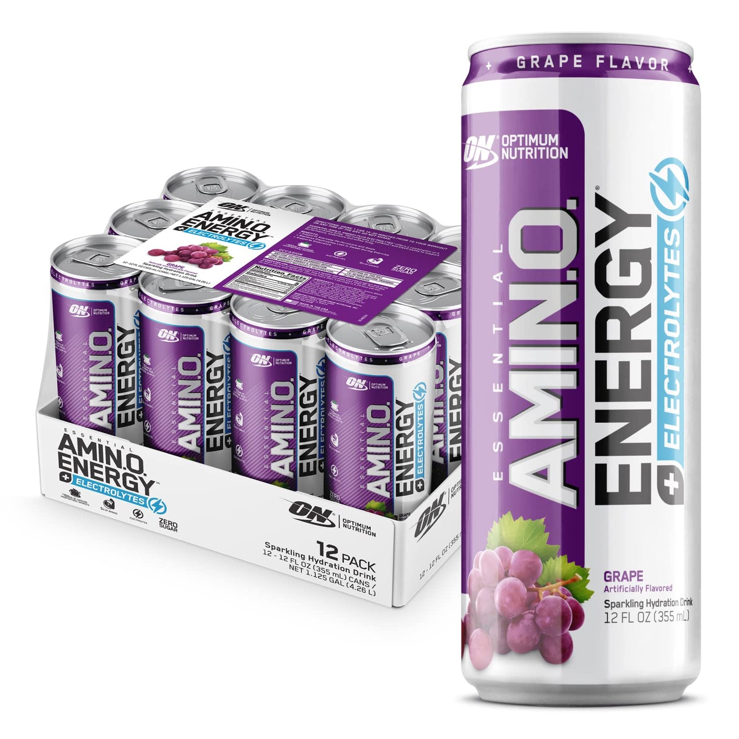Optimum Nutrition Amino Energy Sparkling Hydration Drink  Electrolytes  Caffeine  Amino Acids  BCAAs  Sugar Free  G  12 Fl Oz  12 Pack (Packaging May Vary)
