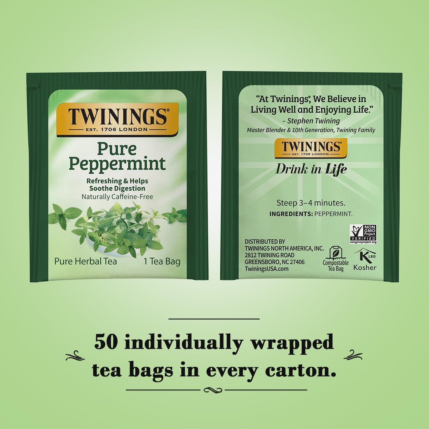 Twinings Peppermint Tea Bags - Naturally Caffeine Free Herbal Tea - 50 Count