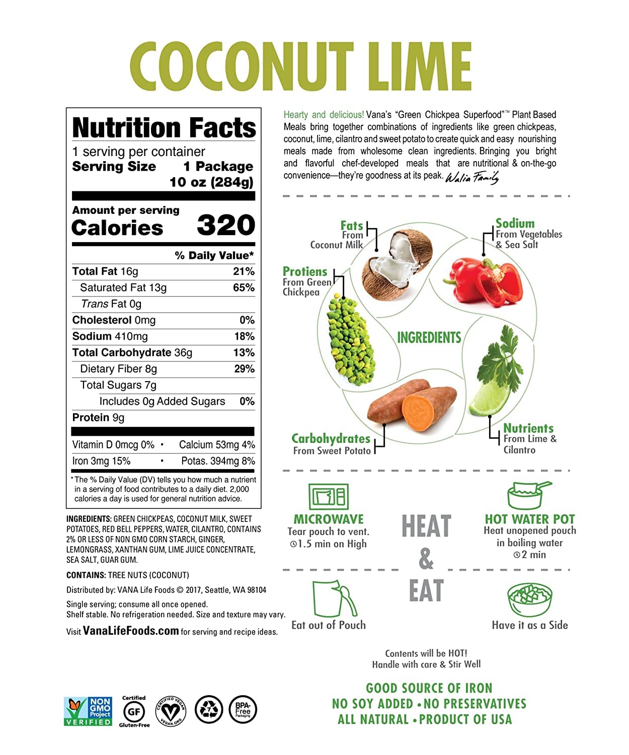 Vana Life'S Foods Plant Based Ready Meal - Smokey Chipotle And Zesty Thai Coconut Lime Green Chickpea Superfood - Indian Cuisine