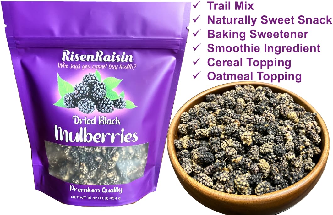 RisenRaisin Dried Black Mulberries, No Sugar Added, All Natural, 16 oz (1 LB)