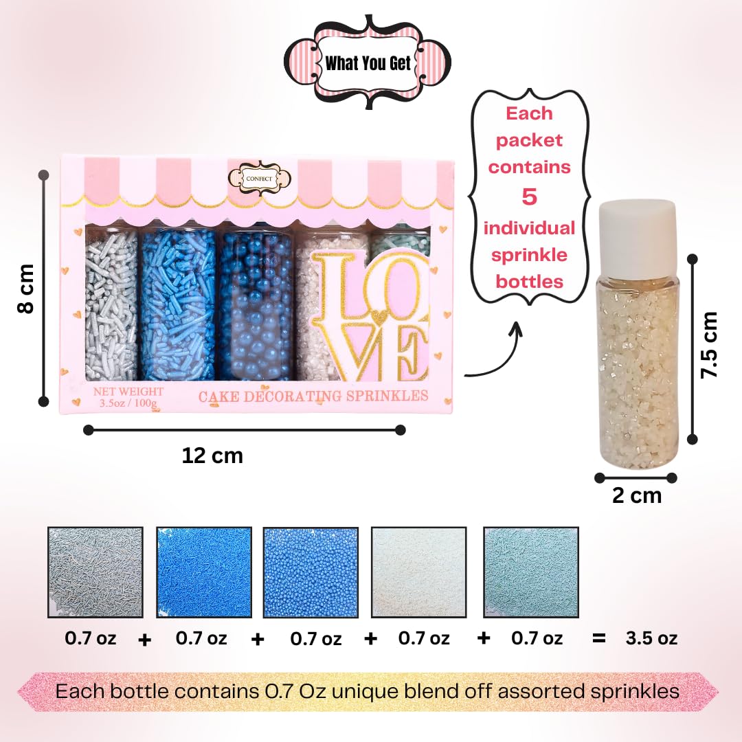 Confect Blue Sprinkles Mix – 5 Oz, Multicolor with Navy Dragees, Silver, Baby Blue Jimmies & White Sparkling Sugar, Vegan & Gluten-Free