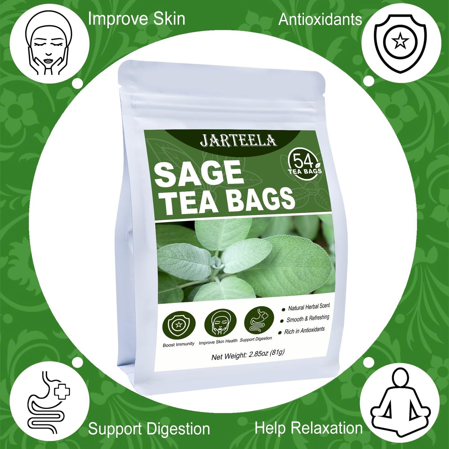 Jarteela Sage Tea Bags - Natural Salvia Officinalis - Caffeine-free Herbal Tea - 54 Count