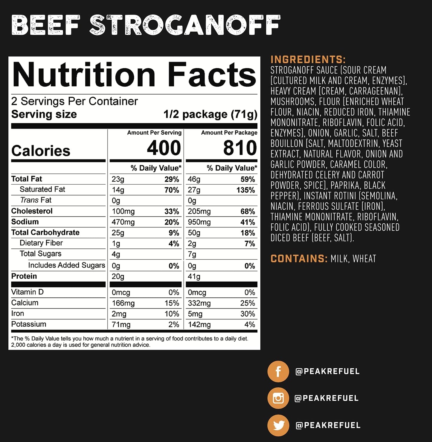 Peak Refuel Beef Stroganoff | Freeze Dried Backpacking And Camping Food | Amazing Taste | High Protein | Real Meat | Quick Prep Meals