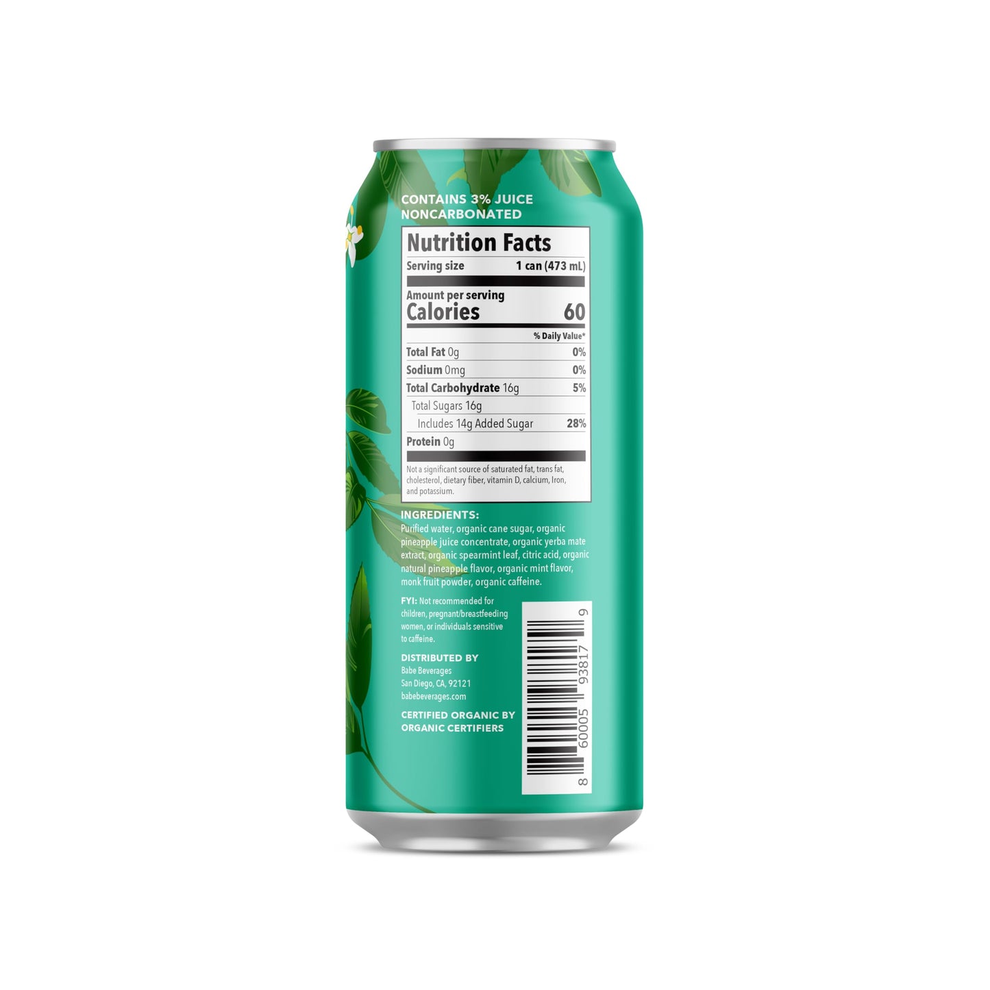 Babe Beverages Organic Yerba Mate Energy Drinks - 150mg Caffeine, Pineapple Mint Flavor, 12 x 16oz Cans
