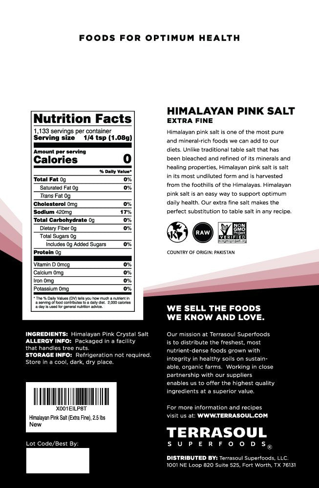 Terrasoul Superfoods Himalayan Pink Salt, Extra Fine, 2.5 Lbs - Natural Trace Minerals, Ideal for Cooking and Baking