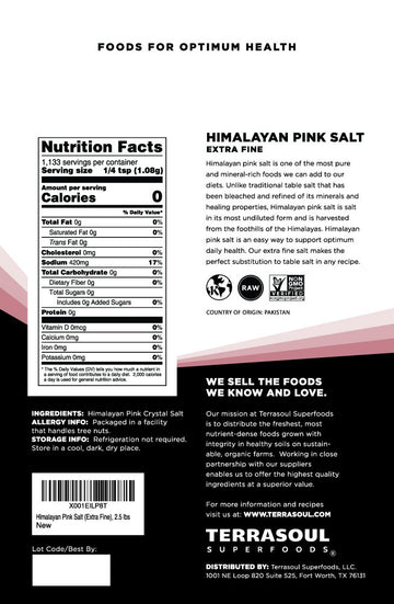 Terrasoul Superfoods Himalayan Pink Salt, Extra Fine, 2.5 Lbs - Natural Trace Minerals, Ideal for Cooking and Baking