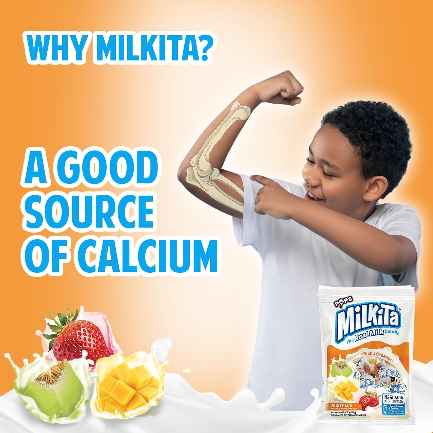 Milkita Creamy Shake Lollipop Pack Of 4, Gluten Free Chewy Candies With Calcium & Real Milk, Zero Trans Fat, Low-Sugar, Fruity Flavors (Strawberry, Honeydew, Mango), 40 Pcs