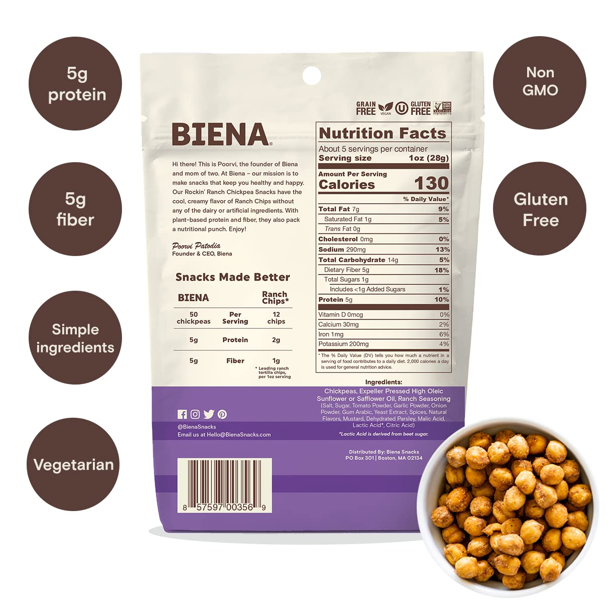 Biena Chickpea Snacks, Rockin Ranch, White, 5 Ounce (Pack Of 4)