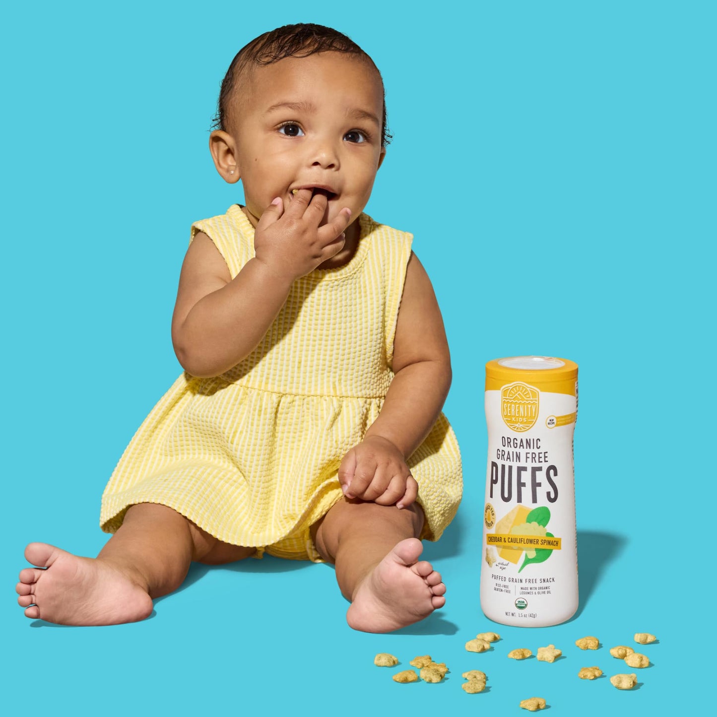 Serenity Kids 6+ Months Grain-Free Allergen-Safe Puffs For Toddlers & Babies - No Grains, Gluten, Nuts, Rice - Organic Veggies, Legumes, Olive Oil (1.5 Ounce (1 Count), Cheddar & Cauliflower Spinach)