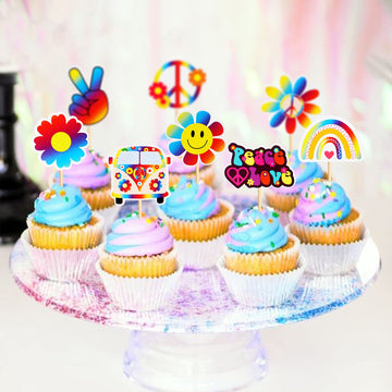 Keaziu 32 Pack Hippie Theme Cupcake Toppers Peace Sign Hand Cupcake Picks 60S Theme Flower Boho Rainbow Birthday Party Supplies