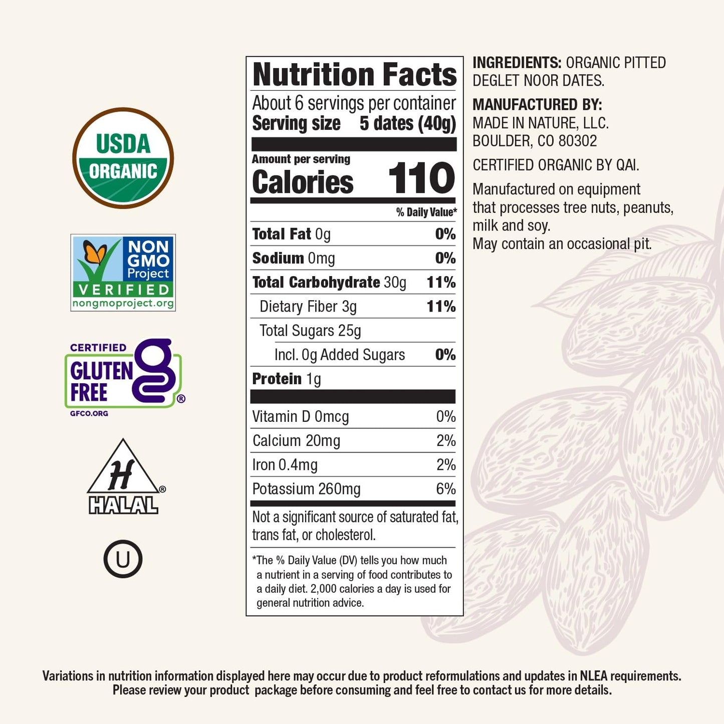 Made In Nature Organic Dried Deglet Noor Dates, 8 Ounce (Pack of 6) - Vegan Snack, Non-GMO, Unsulfured, Gluten Free, Kosher