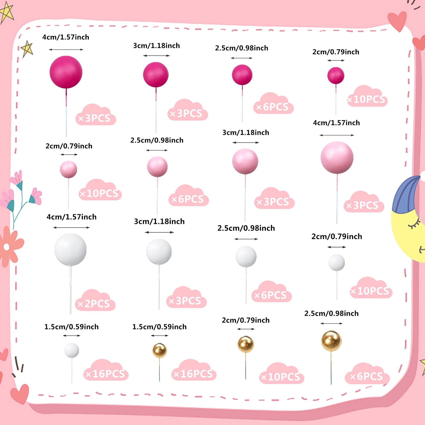 RASSLISA Foam Ball Cake Toppers, 113 PCS, 5 Sizes, Gold Pink White Hot Pink, Perfect for Birthdays, Baby Showers, and Weddings