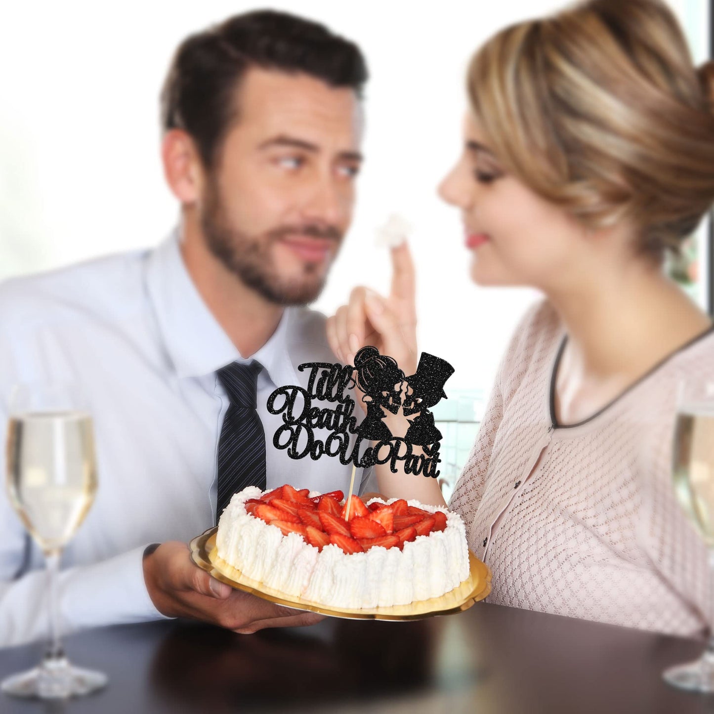 Gyufise 1Pc Till Death Do Us Part Cake Topper Black Glitter Wedding Happy Valentine's Day Cake Topper Decorations Valentine's Da