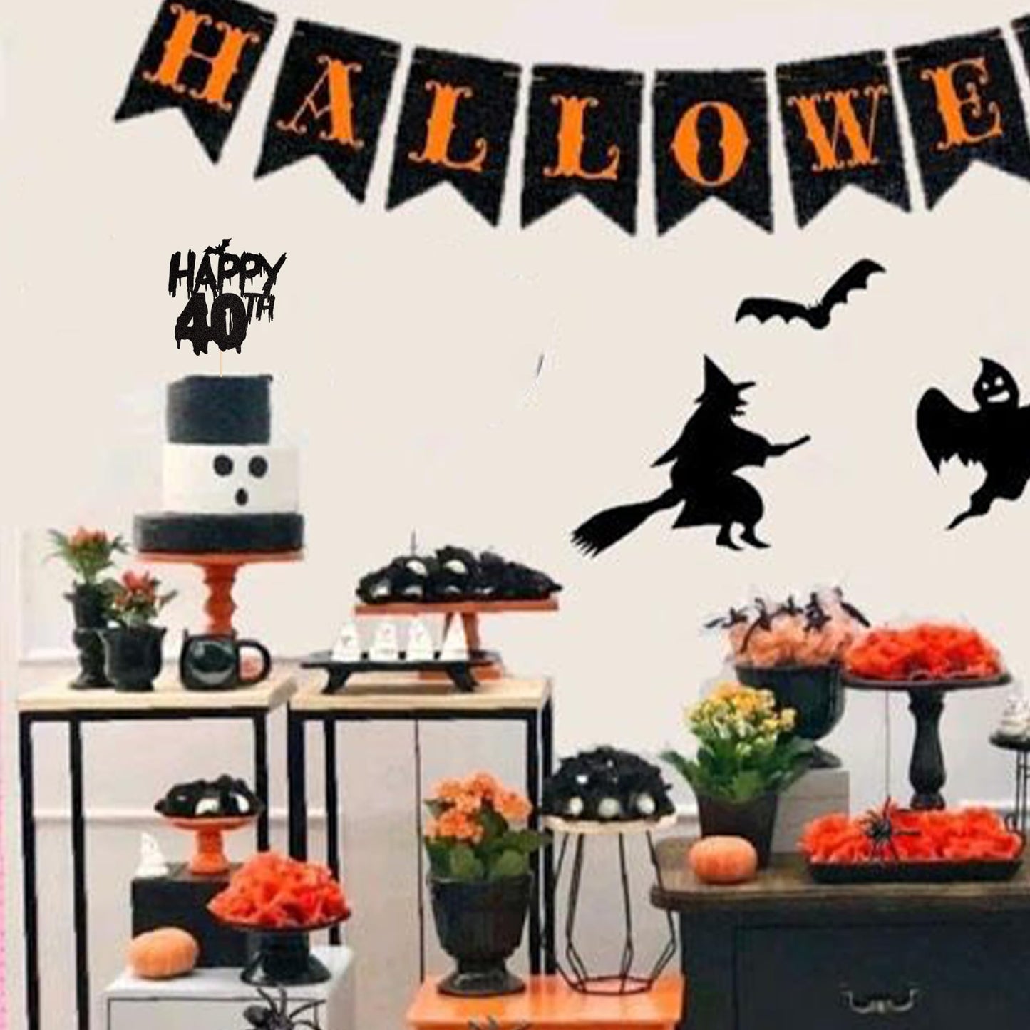 1 Pcs Halloween Theme Happy 40Th Birthday Cake Topper Glitter Cheers To 40 Years Bat Halloween Cake Pick For Halloween Happy 40T
