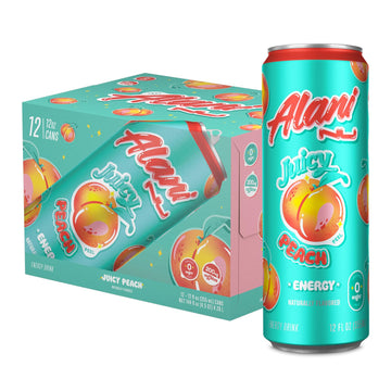 Alani Nu Energy Drinks, Juicy Peach, Sugar Free, 200mg Caffeine, 12 Fl Oz Cans, Pack of 12, Orange