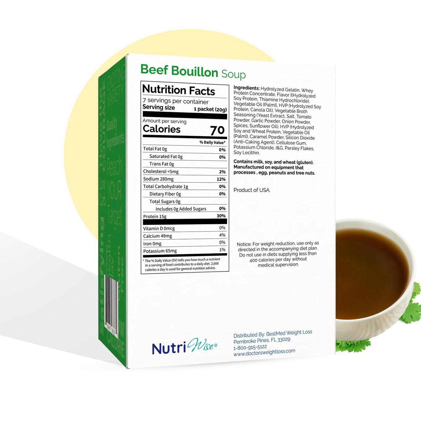 Nutriwise - Beef Bouillon Soup | High Protein Diet Soup | High Protein, Low Calorie, Low Carb, Cholesterol Free, Fat Free (7/Box