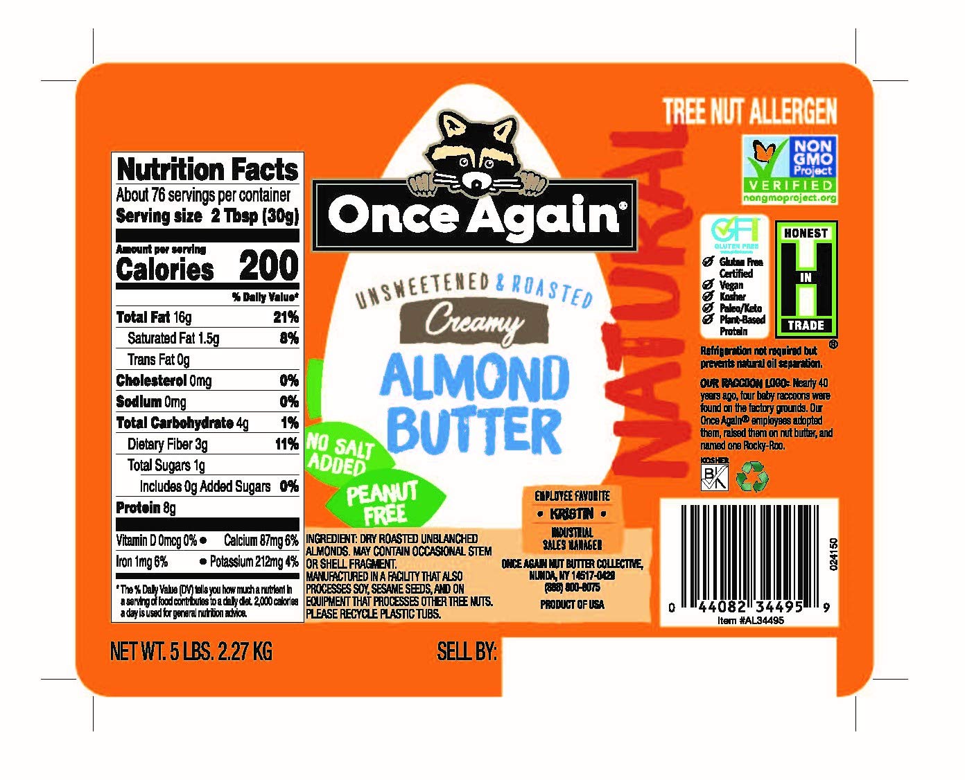 Once Again Natural Creamy Almond Butter, 5lb Pantry Pal (same as 5 jars) - Roasted - Salt Free, Unsweetened - Gluten Free Certif