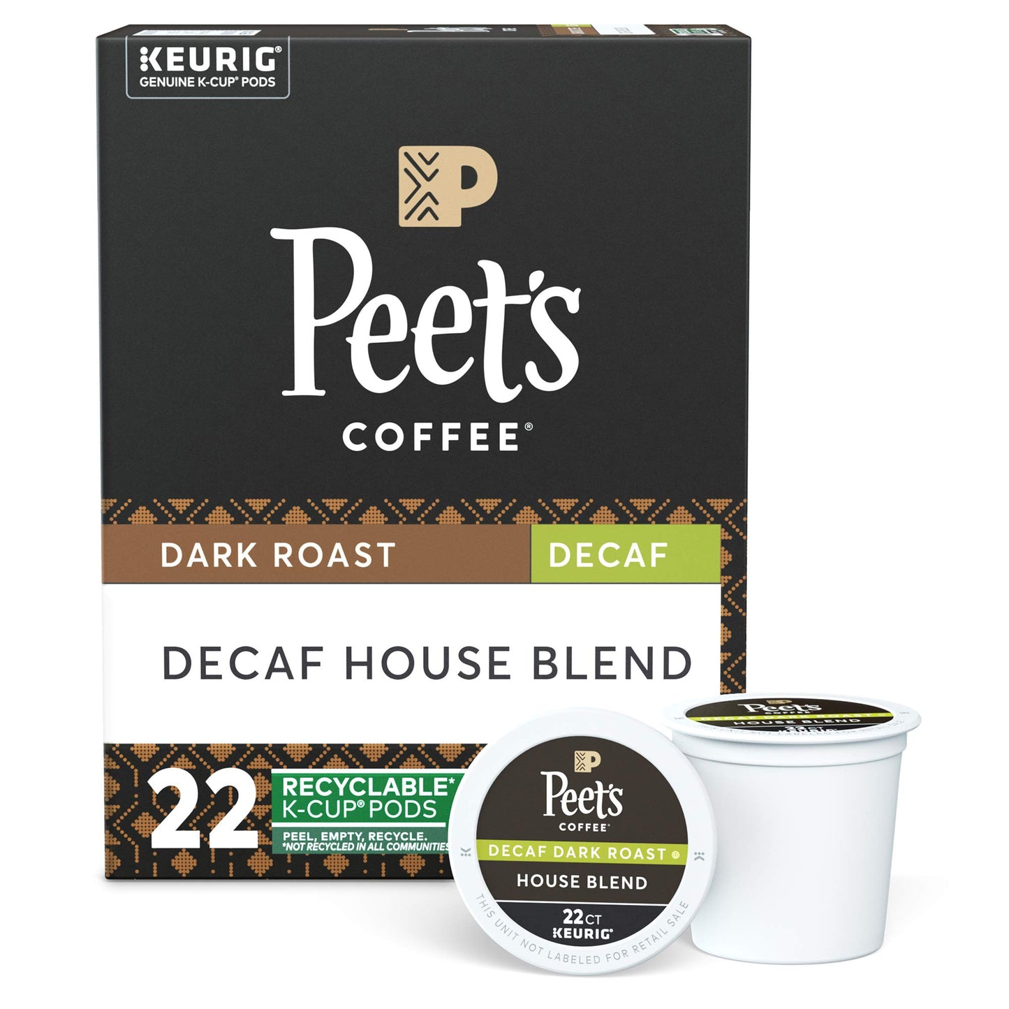Peets Coffee Decaf House Blend K-Cup Pods, Dark Roast, 22 Count, Model 6544