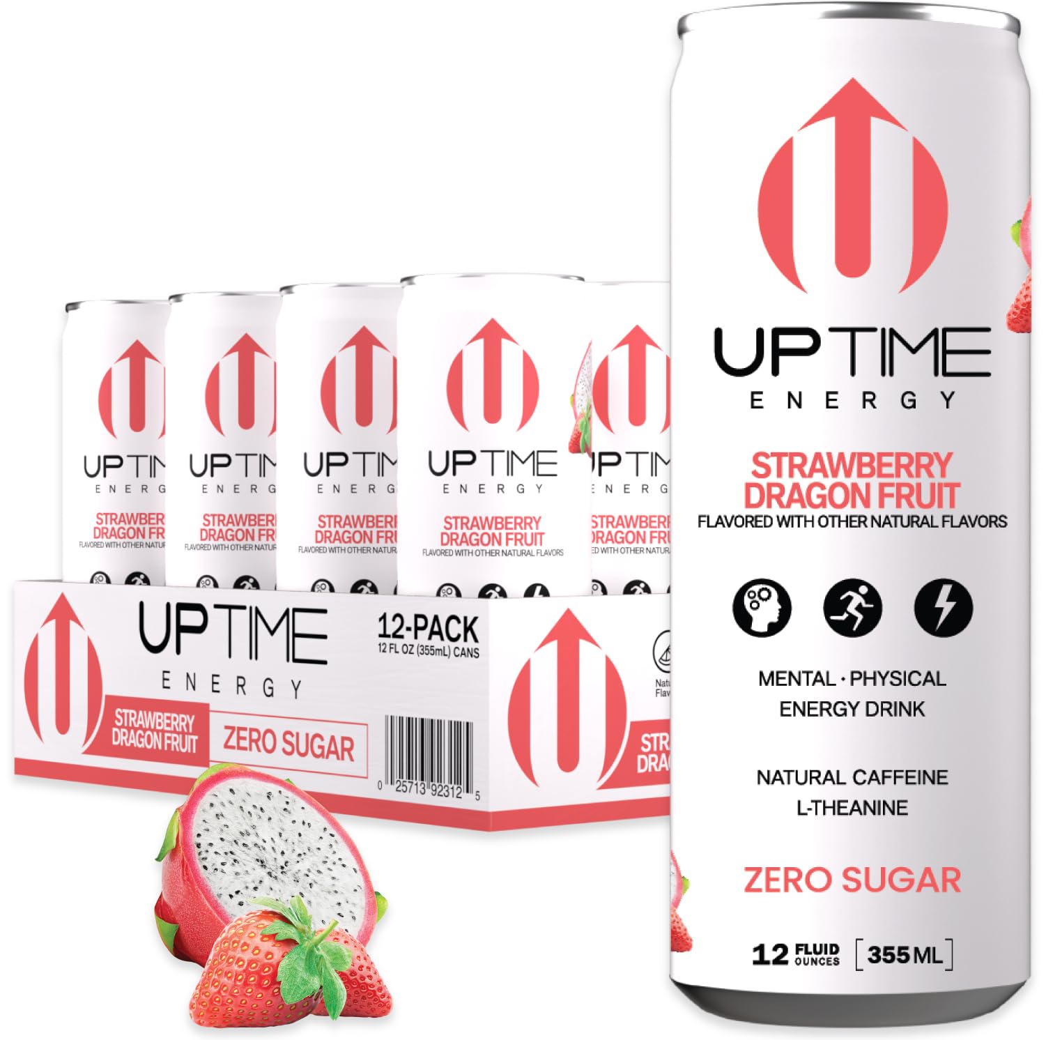 UPTIME Energy Drink, Strawberry Dragon Fruit, 12 Pack, Zero Sugar, 142mg Natural Caffeine, 12 fl oz Cans