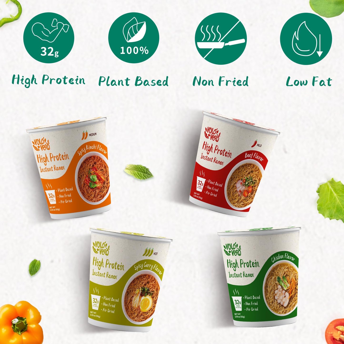 VOLO VERO High Protein (32g) Ramen Noodles Cup Variety Pack, Plant-Based, Non-Fried, Vegan, Low Fat | Chicken, Spicy    Beef, Ki