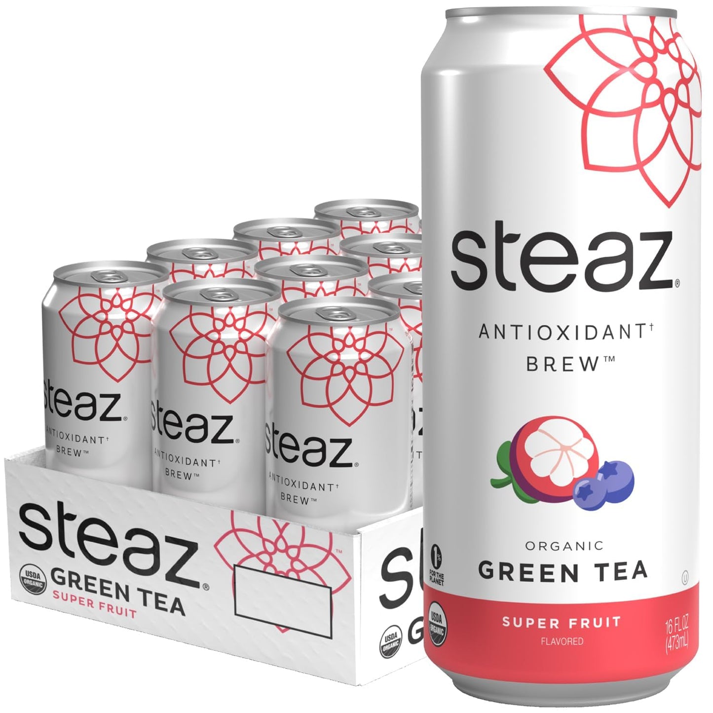 Steaz - Organic Green Tea - Superfruit (12 Pack) - Antioxidant Brew - 65Mg Natural Energy Blend  90 Calories  Vitamin C - Cane Sugar Sweetened Iced Tea - Vegan  Fair Trade - 12 Cans  16 Fl Oz (473Ml)