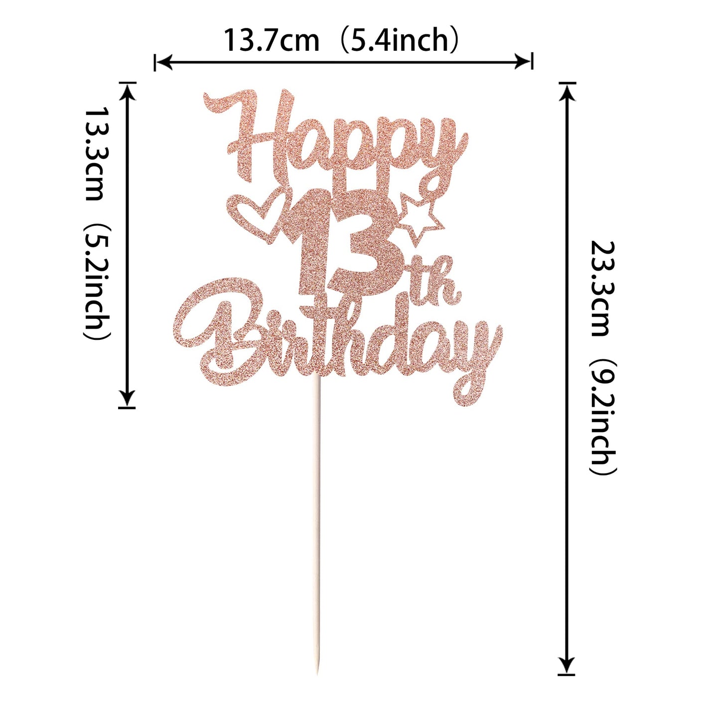 YCTHUNFISH Happy 13th Birthday Cake Topper, Glitter Heart Star Design, Rose Gold, Paper