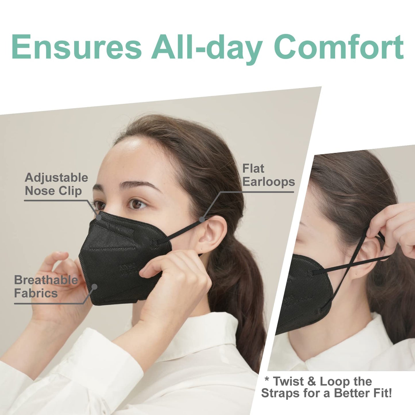 Medtecs KN95 Face Masks - 50 Count, Black, 5 Ply Protection, Extra Wide Ear Loops, ? 95% Filtration Efficiency, Mask Extender Included