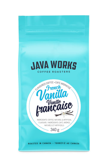 Java Works Coffee - French Vanilla Flavored Coffee | 12 ounces | Medium Roast | Whole Bean | No Sugar Added