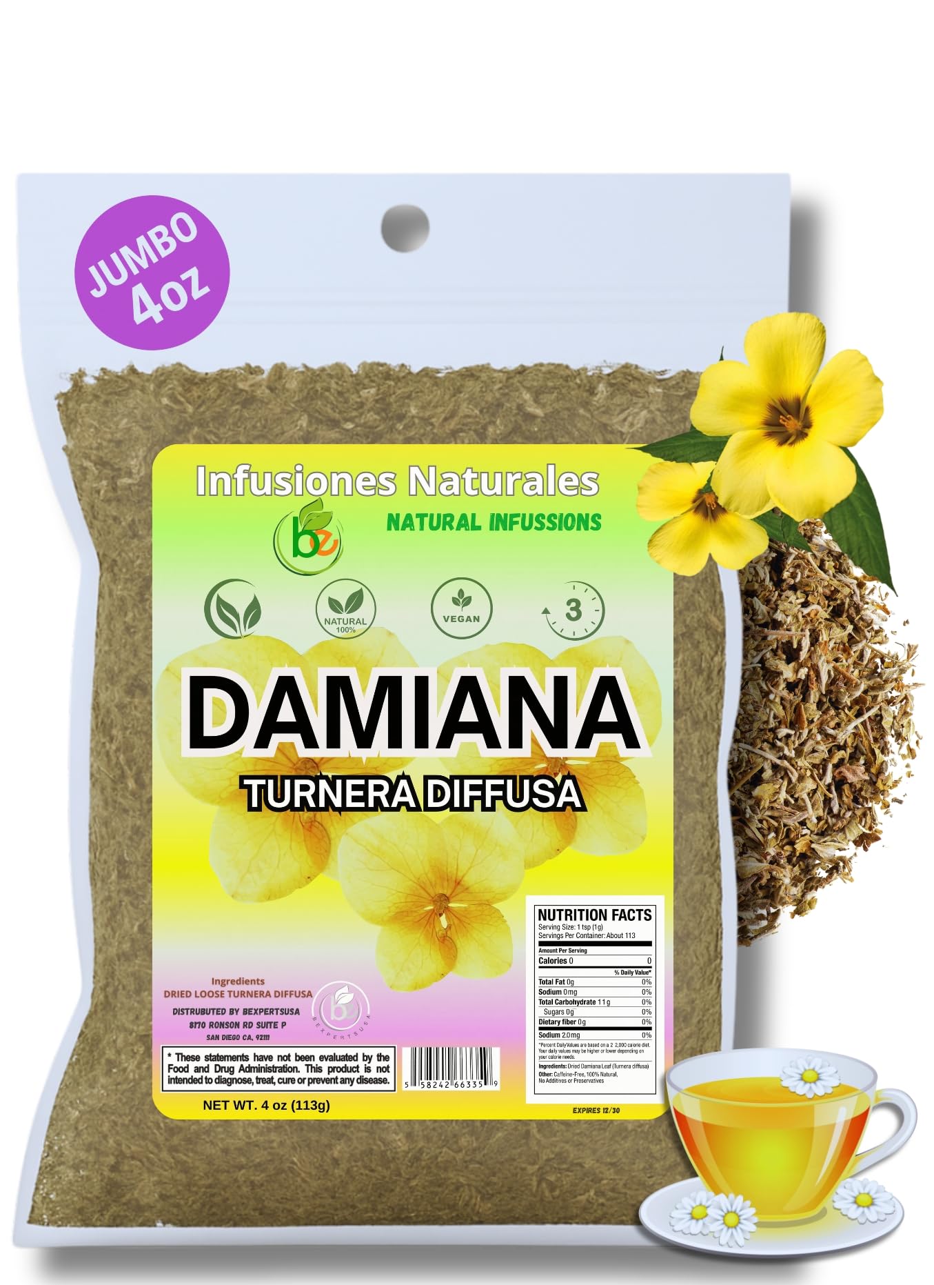 Damiana Leaf Tea (Turnera diffusa) - 4 oz Loose Herbal Te - Authentic Mexican Origin - 100% Natural  Non-GMO  Caffeine-Free  Gluten-Free  Vegan - Herbal Infusion by Bexpertsusa