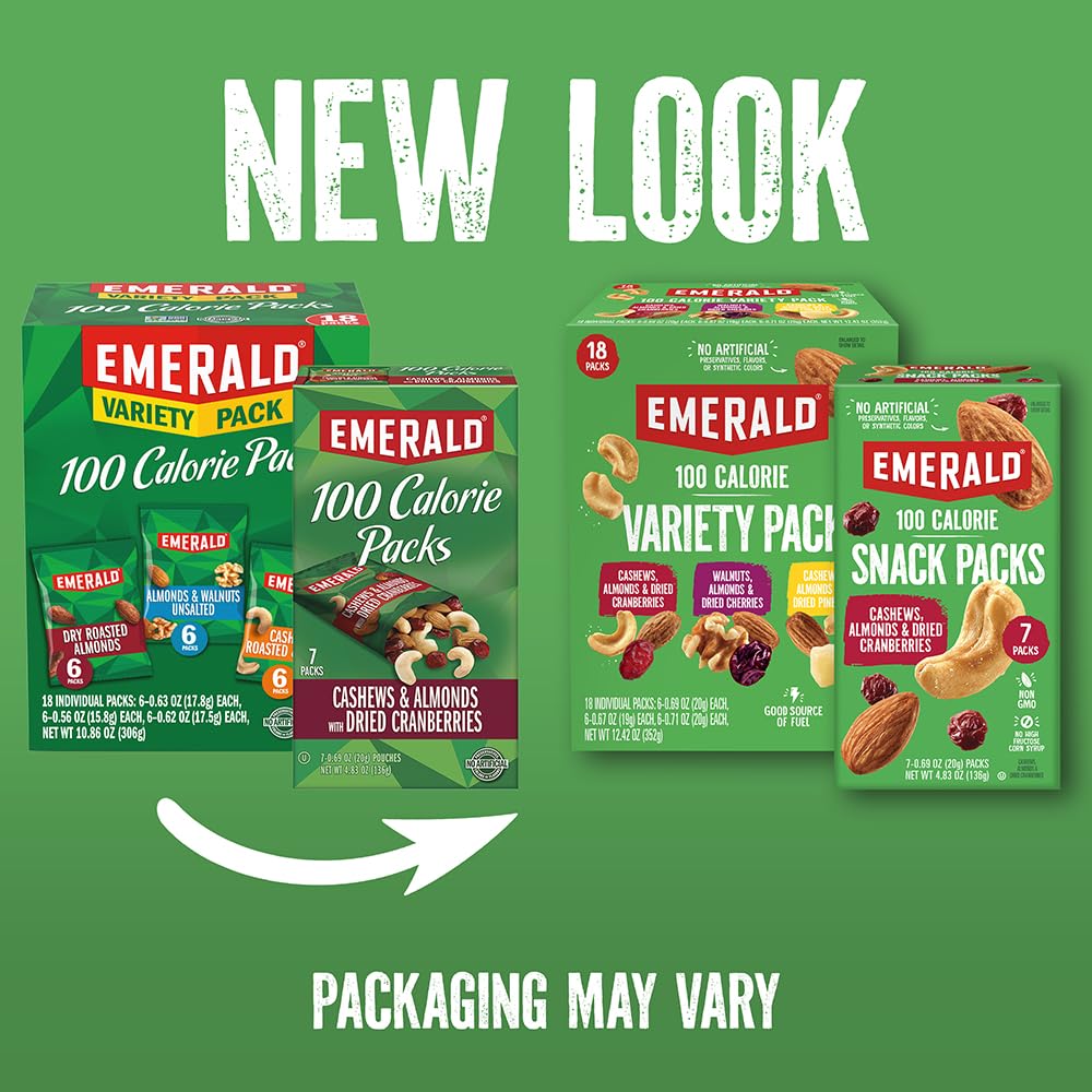 Emerald Nuts Cashews and Almonds with Dried Cranberries 7 Ct (1-Pack) | 100-Calorie Individual Packs of Nut Blend and Dried Frui