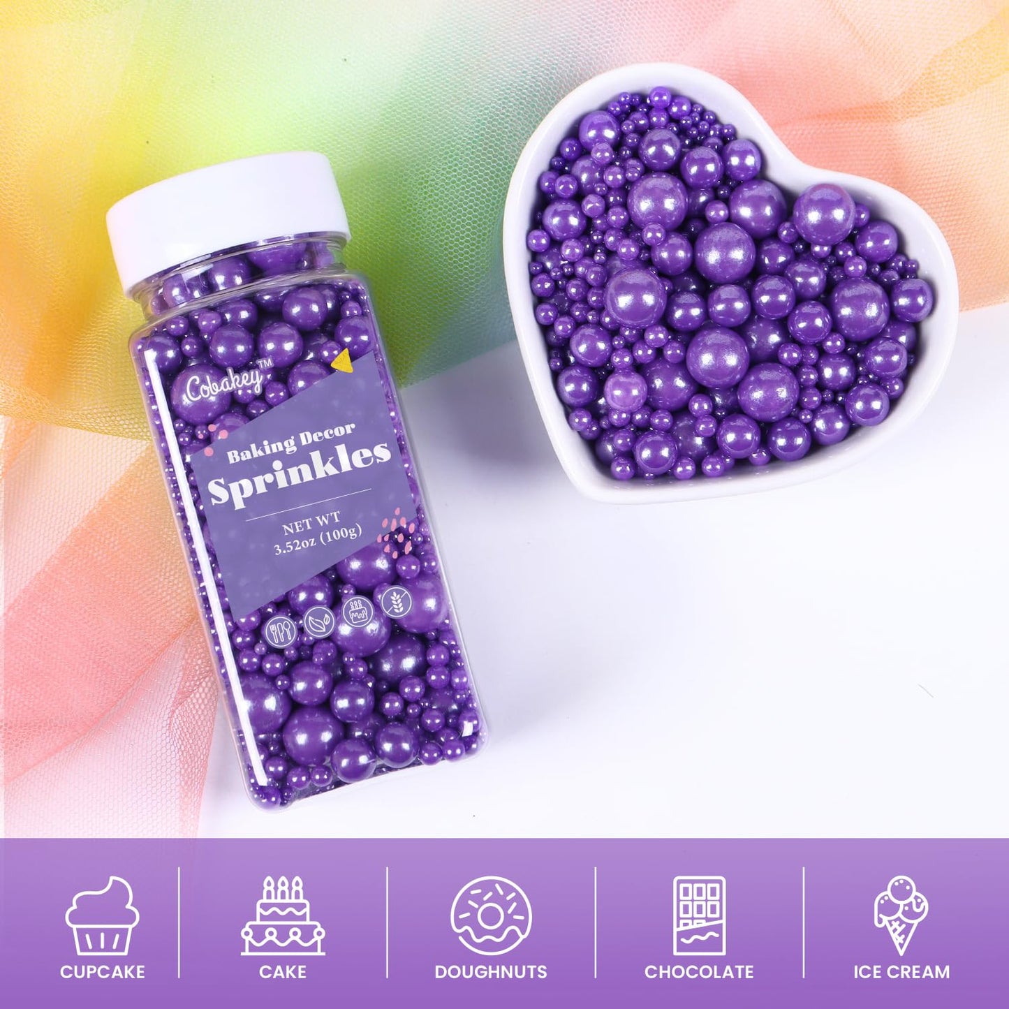 Cobakey Purple Sprinkles For Cake Decorations 3.52 Ounce Edible Pearl Sugar Sprinkles For Cupcake Toppers Wedding Party Valentin
