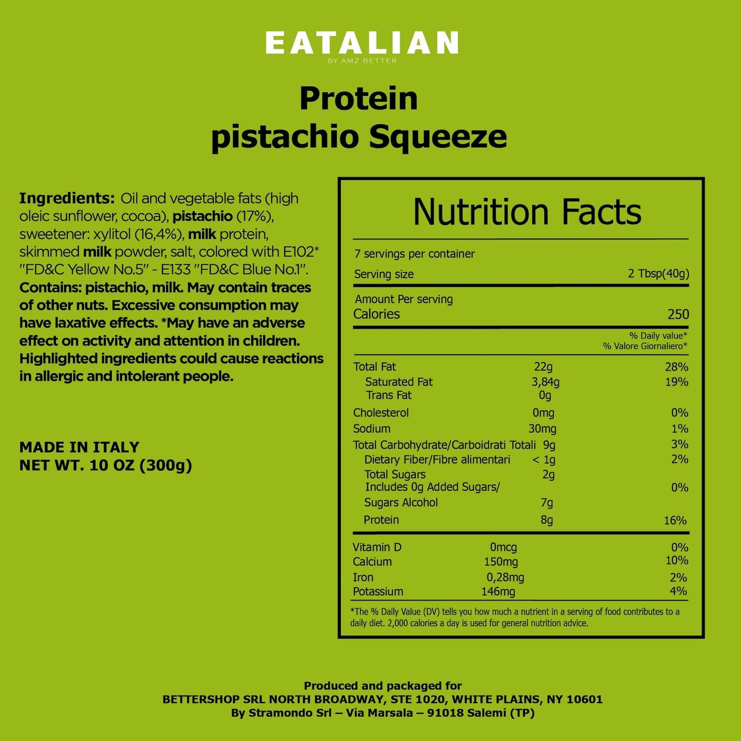 Eatalian By Amz Better Protein Pistachio Flavoured Topping, Sweet Protein Cream In 10 Oz/300G Squeezer, Made In Italy, Pistachio