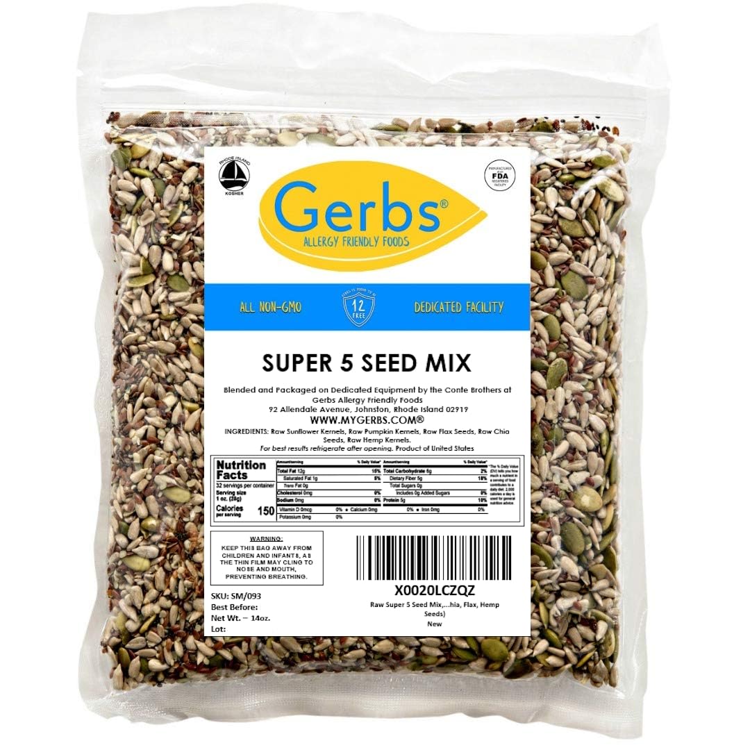 Gerbs Super 5 Seed Snack Mix 14 Oz. Premium Grade | Top 14 Food Allergy Free | Resealable Bulk Bag | Made In Usa | Raw Pumpkin S