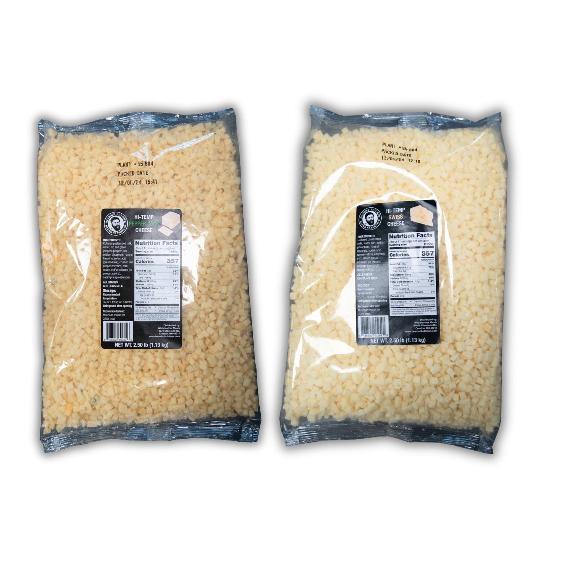 BEARDED BUTCHER HIGH-TEMP CHEESE, Pepper Jack & Swiss, 2.5 lb Bags (Pack of 2), 400°F, Ideal for Sausages and Br