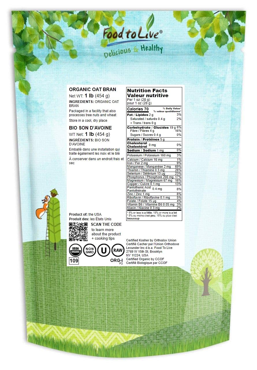 Food to Live Organic Oat Bran, 1 Pound Non-GMO, Kosher, Vegan, Bulk, High Fiber Hot Cereal, Milled from High Protein Oats