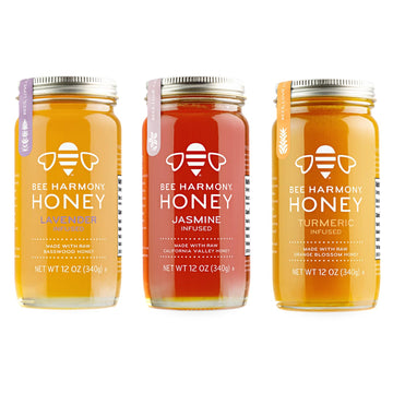 Bee Harmony Floral Infused Raw Honey Variety Pack, (Lavender, Jasmine, And Turmeric), 12 Oz Each