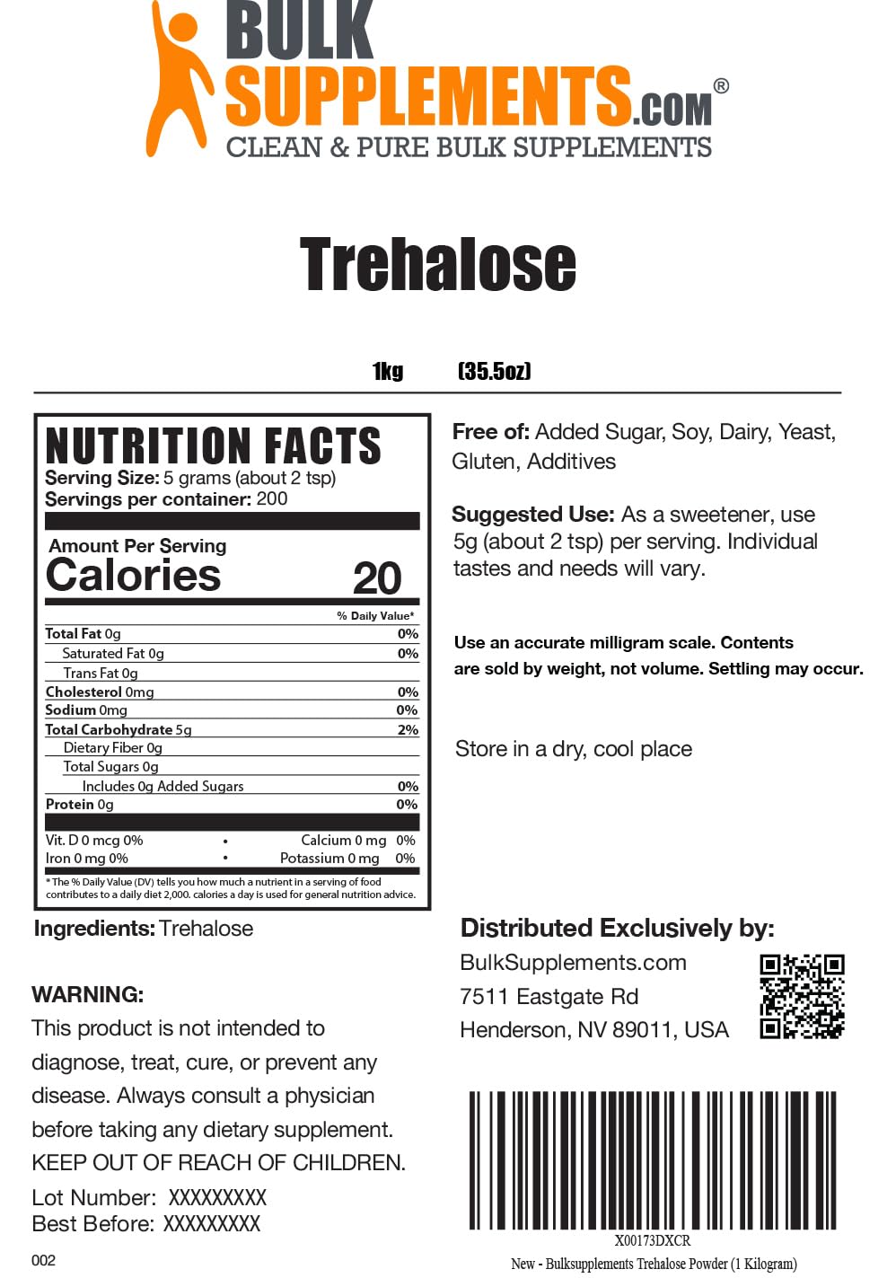 Bulkdietary products Trehalose Powder - Natural Sweetener, Vegan, Gluten Free, 1kg (2.2 lbs), Model TREH1KG