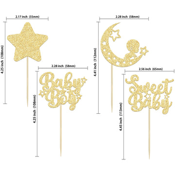 Gyufise 24Pcs Gold Baby Shower Boy Cupcake Toppers Glitter Star Moon Sweet Baby Cake Decorations Baby Boy Cupcake Picks For Baby