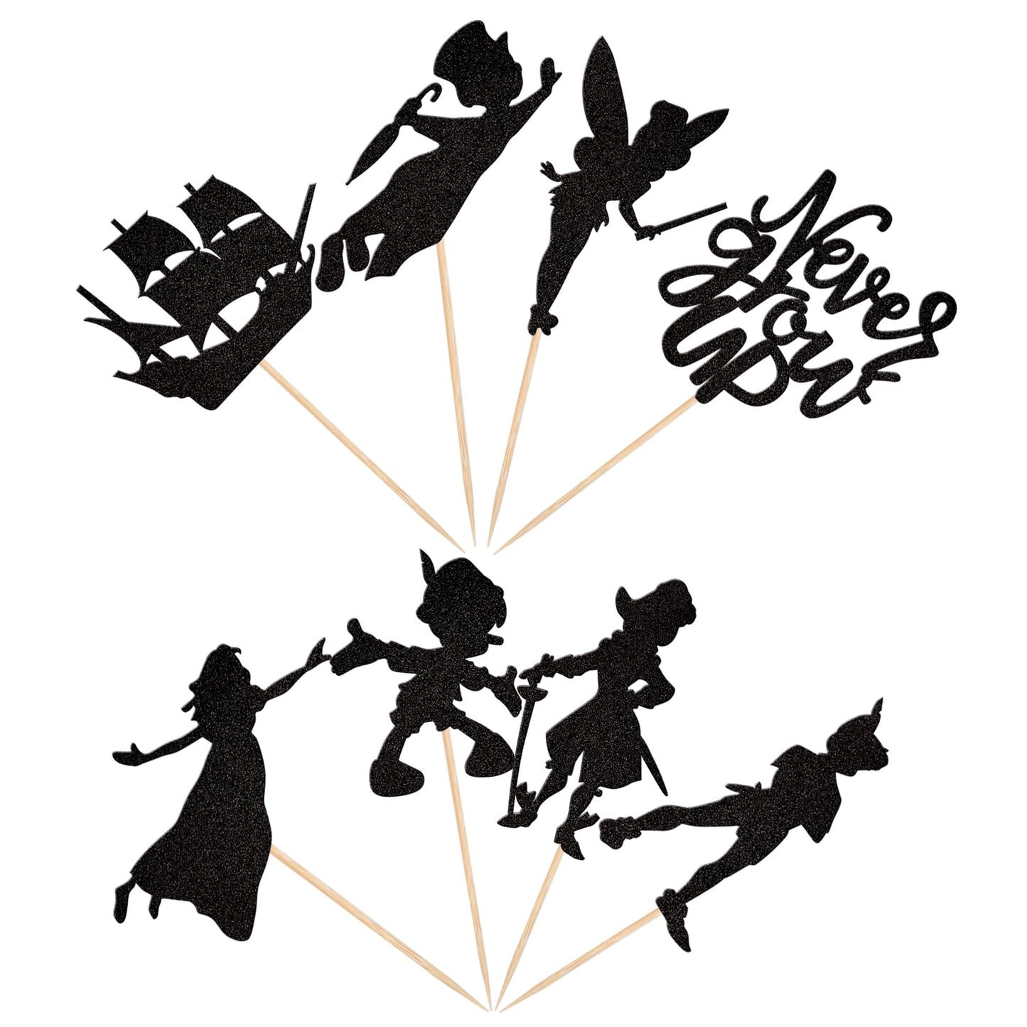 ZHUOWEISM 24 PCS Cupcake Toppers - Star Glitter Neverland Peter Pan Decor for Baby Shower & Birthday, Black, Bamboo Material
