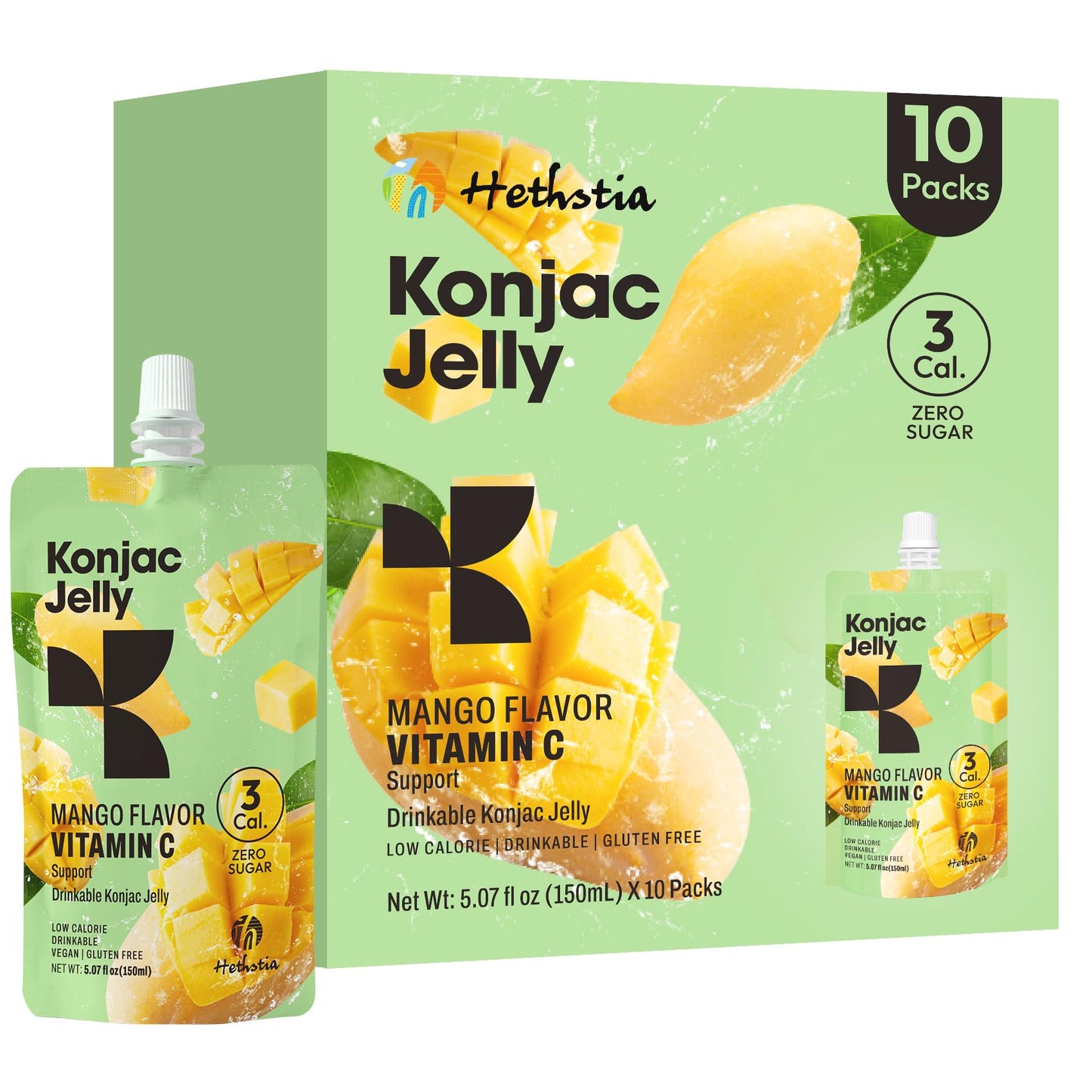 Hethstia Konjac Jelly Mango Flavor – 10 Pack, 3 Calories, Vegan, Gluten-Free, Healthy Snacks