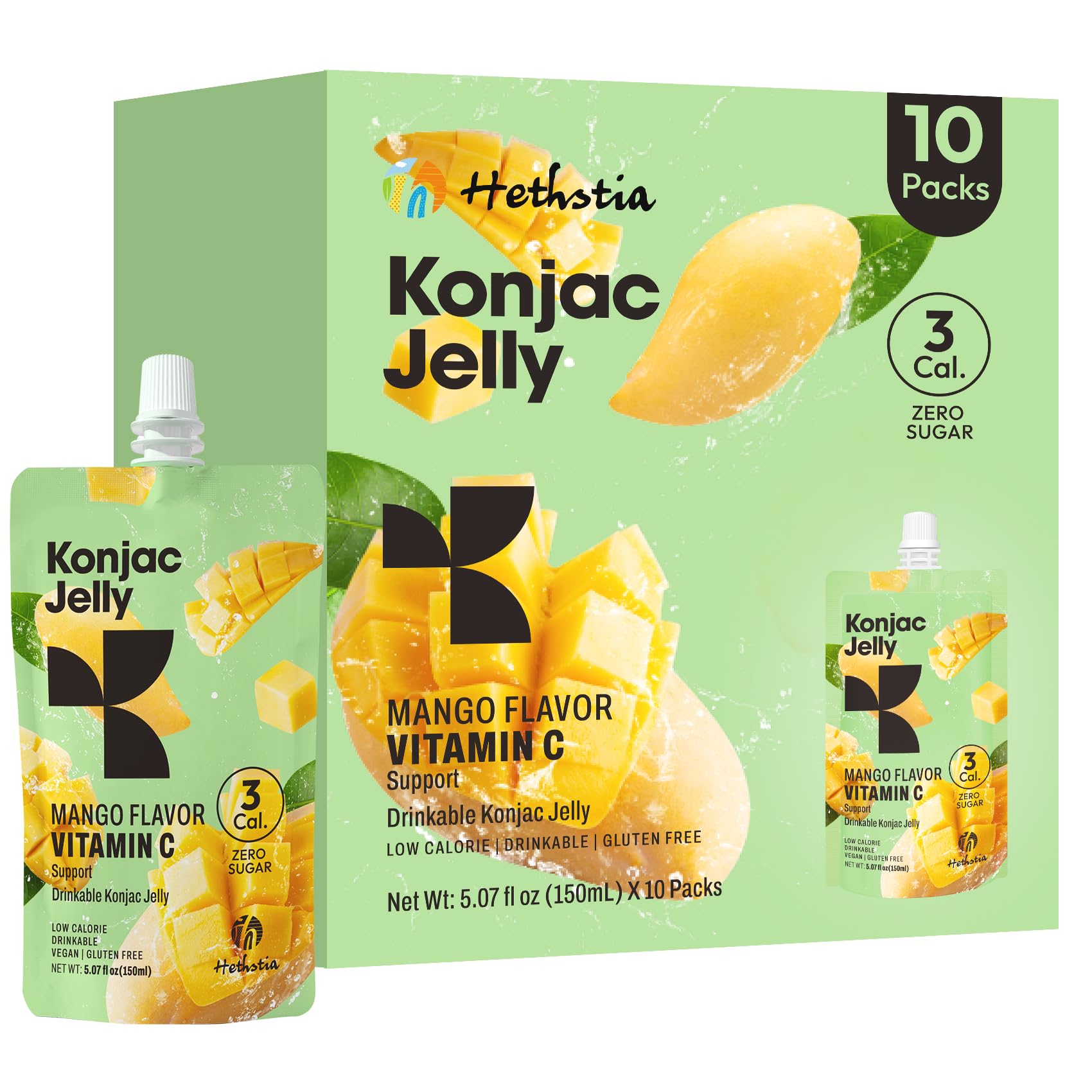 Hethstia Konjac Jelly Mango Flavor – 10 Pack, 3 Calories, Vegan, Gluten-Free, Healthy Snacks