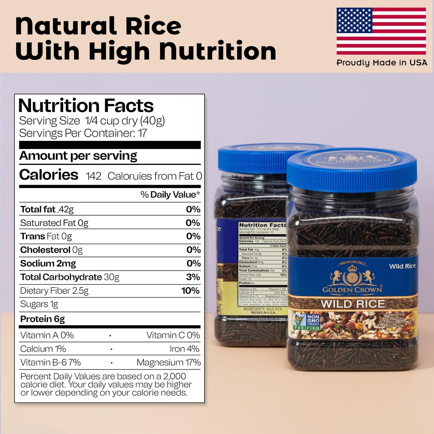 Golden Crown enhanced High Protein Wild Rice  Naturally Aged Gluten + GMO Free Vegan  Tasty and Delicious Low in Calories Grains  Great Source of Fiber and Rich in Magnesium - 24 oz (1.5Lb)