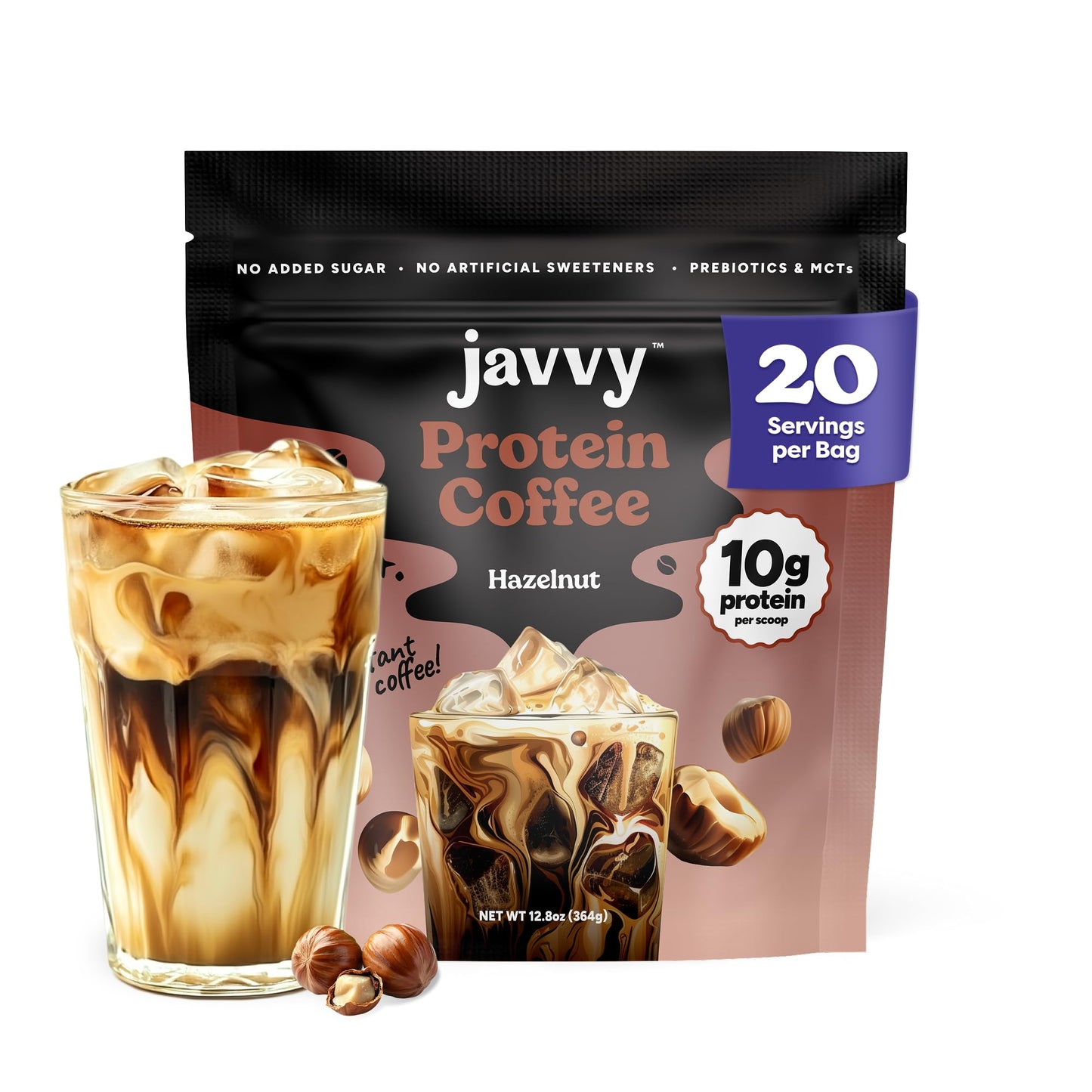 Hazelnut Protein Iced Coffee - enhanced Whey Protein & Instant Iced Coffees - 100% Natural Cold Brew - Zero Artificial Flavors & Sweeteners  80 mg Caffeine Per Serving  No Added Sugar  20 Servings