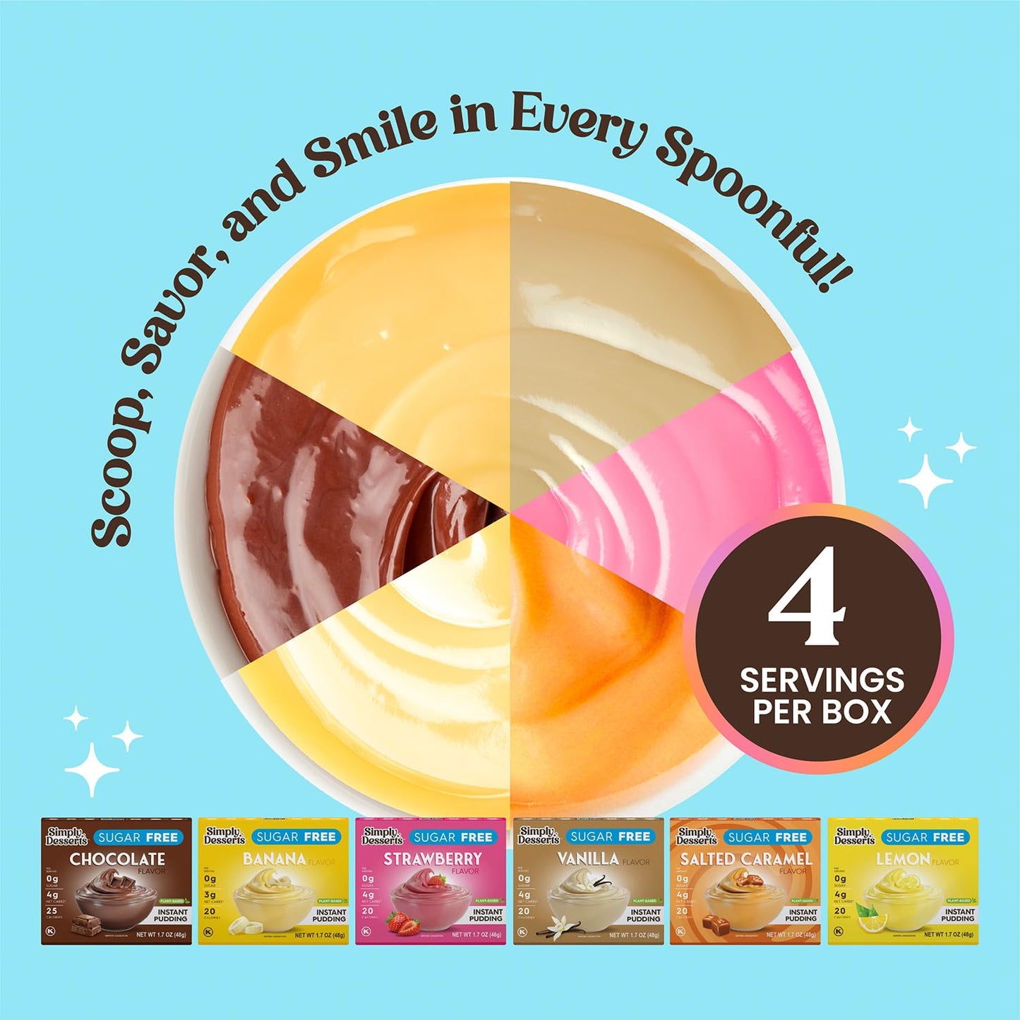 Simply Desserts Strawberry  Chocolate  Vanilla  Banana  Salted Caramel  Lemon Instant Pudding  Sugar-Free  Variety 6-Pack - Healthy Dessert  Keto Snacks  Vegan & Diabetic-Friendly  Kosher  1.7 Oz Ea