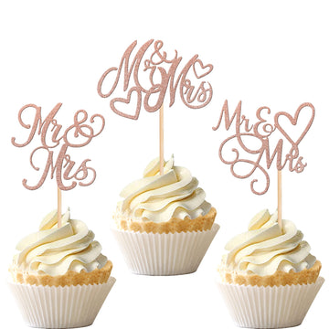 24 PCS Mr & Mrs Cupcake Toppers Glitter Love Heart Wedding Engagement Cupcake Picks for Bridal Shower Birthday Party Cake Decora