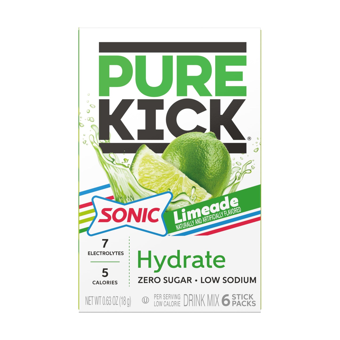 PURE KICK Powdered Drink Mix - Sonic Limeade - Low Calorie, Zero Sugar - Pack of 3, 18 Servings