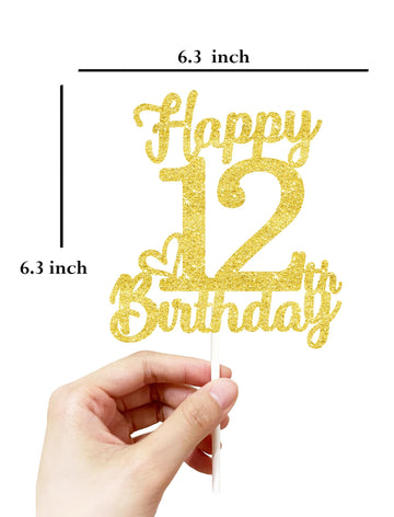 12Th Birthday Cake Topper - Double Sided Gold Glitter, Happy 12Th Birthday Cake Topper For Girls,12 Cake Decorations For Girls,